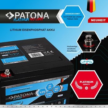 PATONA Platinum LiFePO4 baterija 12V 30Ah 360Wh 30.000mAh