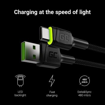 Cable Green Cell Ray USB Cable - USB-C 120cm with green LED backlight and support fast charging Ultra Charge, QC 3.0