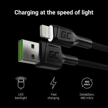 Cable Green Cell Ray USB-A - Lightning White LED 200cm with support za Apple 2.4A fast charging