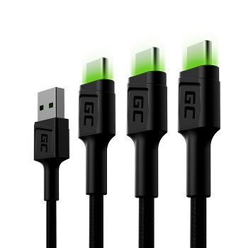 Set 3x Green Cell GC Ray USB-C 120cm Cable with green LED backlight, fast charging Ultra Charge, QC 3.0