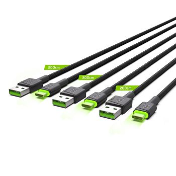 Set 3x Green Cell GC Ray USB-C 200cm Cable with green LED backlight, fast charging Ultra Charge, QC 3.0