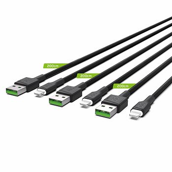 Set 3x Cable Green Cell GC Ray Lightning 200cm z with white LED, quick charging Apple 2.4A
